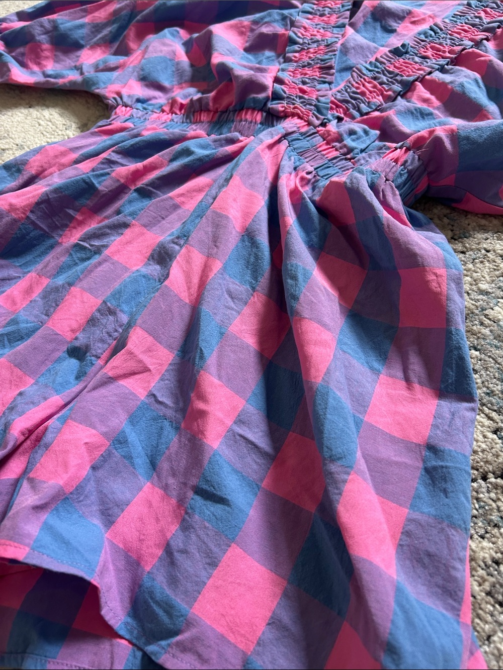 Pink and Blue Check V-Neck Ruffle Romper - Picture 2 of 4